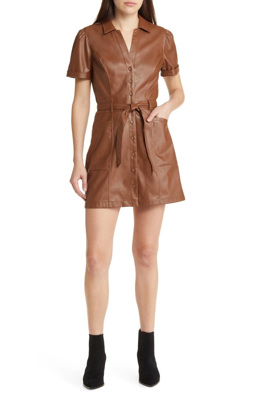 PAIGE Janette Faux Leather Shirt Dress Brown XL Belted Vegan Leather Mini Dress
